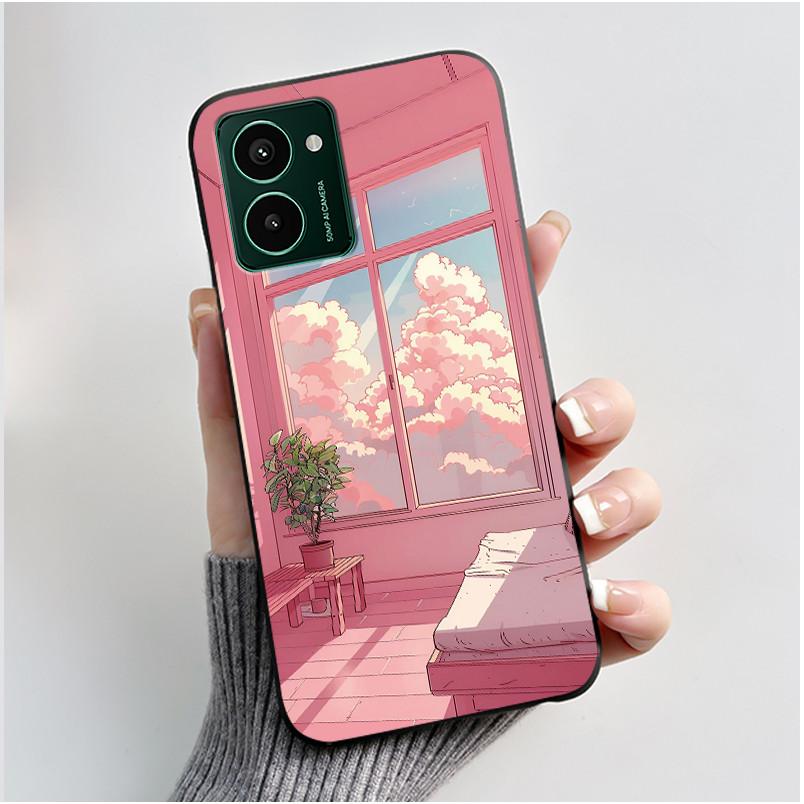 Custodia Nera Per Nokia HMD Pulse Pro/ HMD Pulse/HMD Pulse Plus Antigraffio Morbida Gelatina Custodia Gatto Nero Su Nuvole Rosa