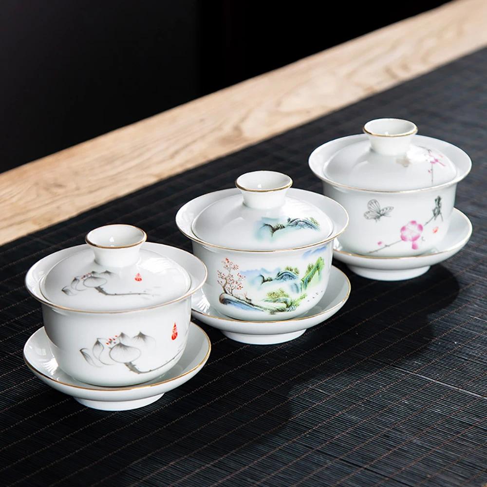 Ceramic Gaiwan Teacup Handmade Tea Tureen Bowl Chinese Blue and White Porcelain Teaware Accessories Drinkware