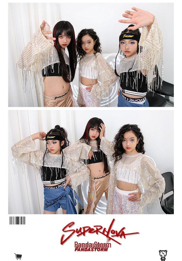 Girls' Sequin Tassel Jazz Dance Outfit - Mesh Long Sleeve & Pants Set for Street & Performance