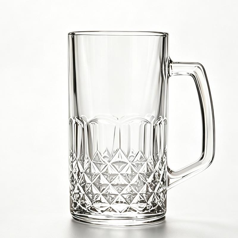 Large Capacity Diamond Pattern Glass Beer Mug - Drop Resistant, Customizable, with Handle, Ideal for Bars & Restaurants
