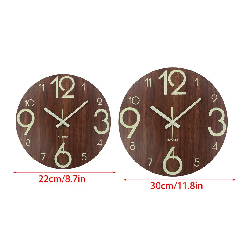 Round Luminous Wall Clock Glow In Dark Wooden Silent NonTicking Modern Style for Bedroom Decor