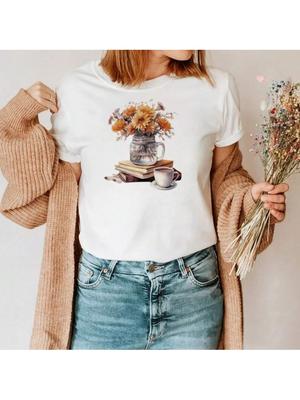 Watercolor  Fashion Wounisex's 90s Cute Style Shirt Printed T-Shirt Fashion Short Sleeve Flower Pattern Wounisex's Loose T-Shirt