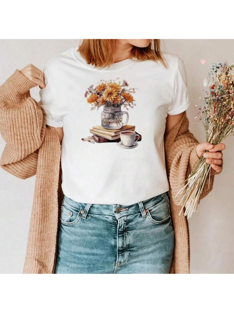 Watercolor Fashion Wounisex's 90s Cute Style Shirt Printed T-Shirt Fashion Short Sleeve Flower Pattern Wounisex's Loose T-Shirt