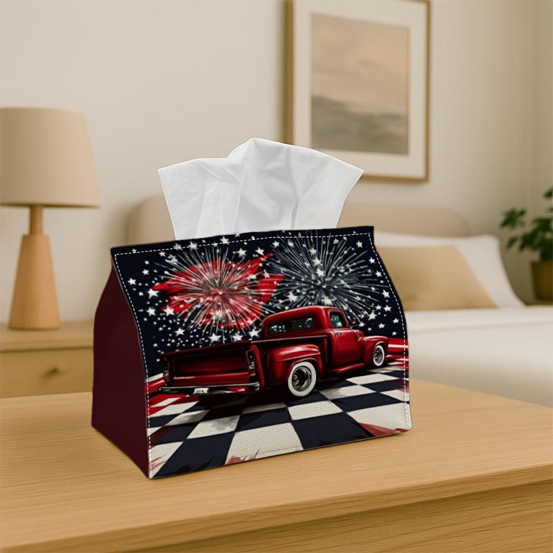 1pc Vintage Red Truck Fireworks Art Tissue Box Holder - Americana Patriotic Night, Ideal for Living Room, Dining Room, Bedroom, Bathroom, Bar, Or Offi