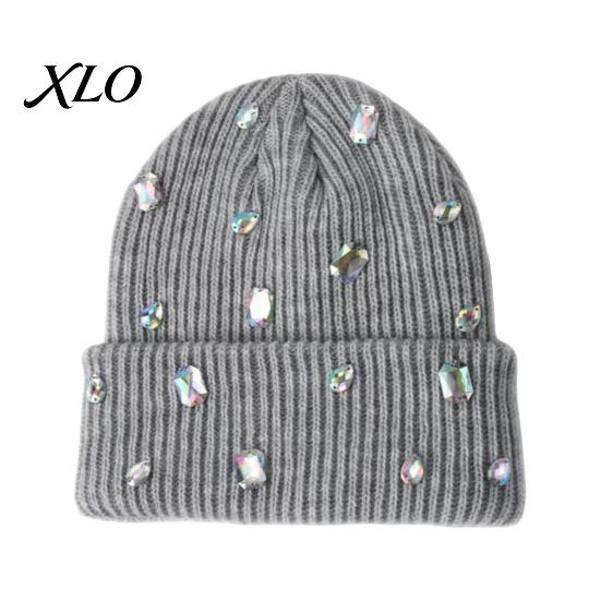 Music Festival Punk Style Cap Bling Rhinestone Knitted Hat, Street Knit Winter Sparkly Geometric Hat Warm Skull for Women Autumn Fashion Accessories