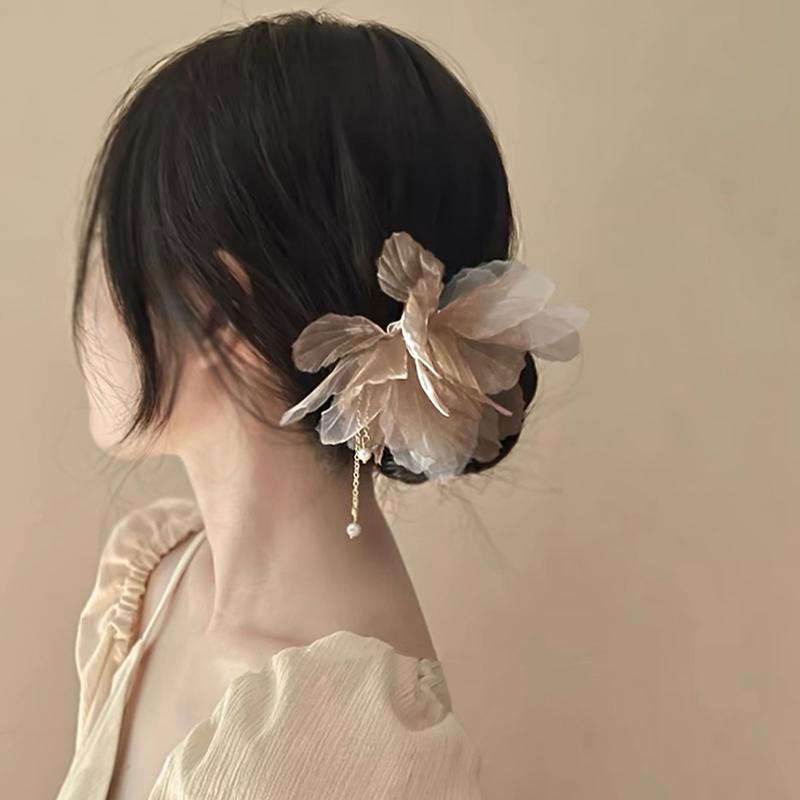 Korean Antique Chiffon Flower Pearl Tassel Hair Stick U-Shaped Hair Clip Temperament Chinese Style Hairpin For Women Headwear
