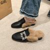 2024 Women's Brand Design Crystal Buckle Party Slippers Luxurious Rabbit Fur Mules Women's Square Toe Thick Heel Slippers