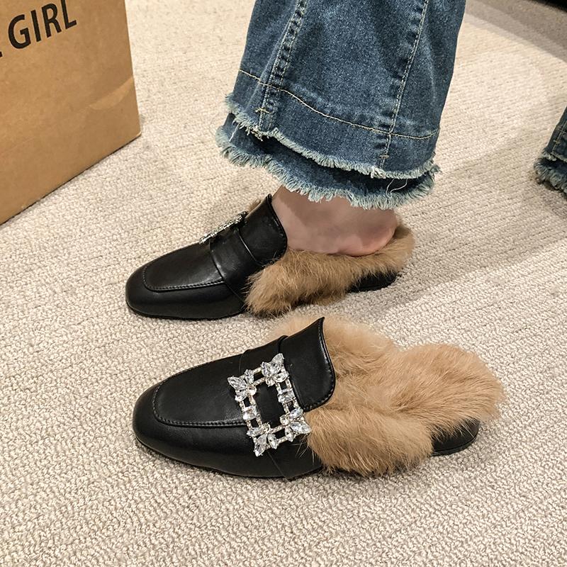 2024 Women's Brand Design Crystal Buckle Party Slippers Luxurious Rabbit Fur Mules Women's Square Toe Thick Heel Slippers