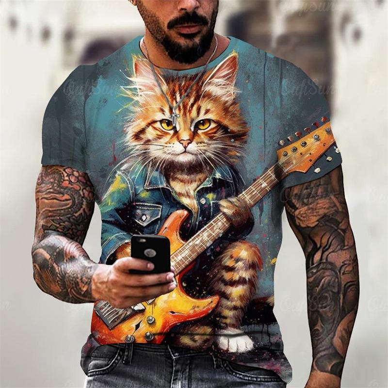 Rock Guitar Cat Graphic T-shirt Summer Fashion Short Sleeve Cool 3D Animal Printing Men's T-shirt Casual Street Shirt