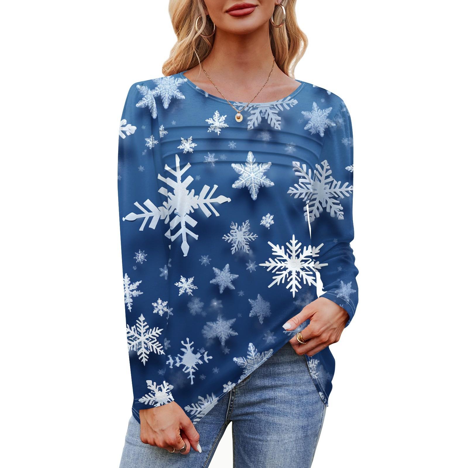 

Женская футболка с круглым вырезом и длинными рукавами с принтом рождественской елки и снежинки XL синий