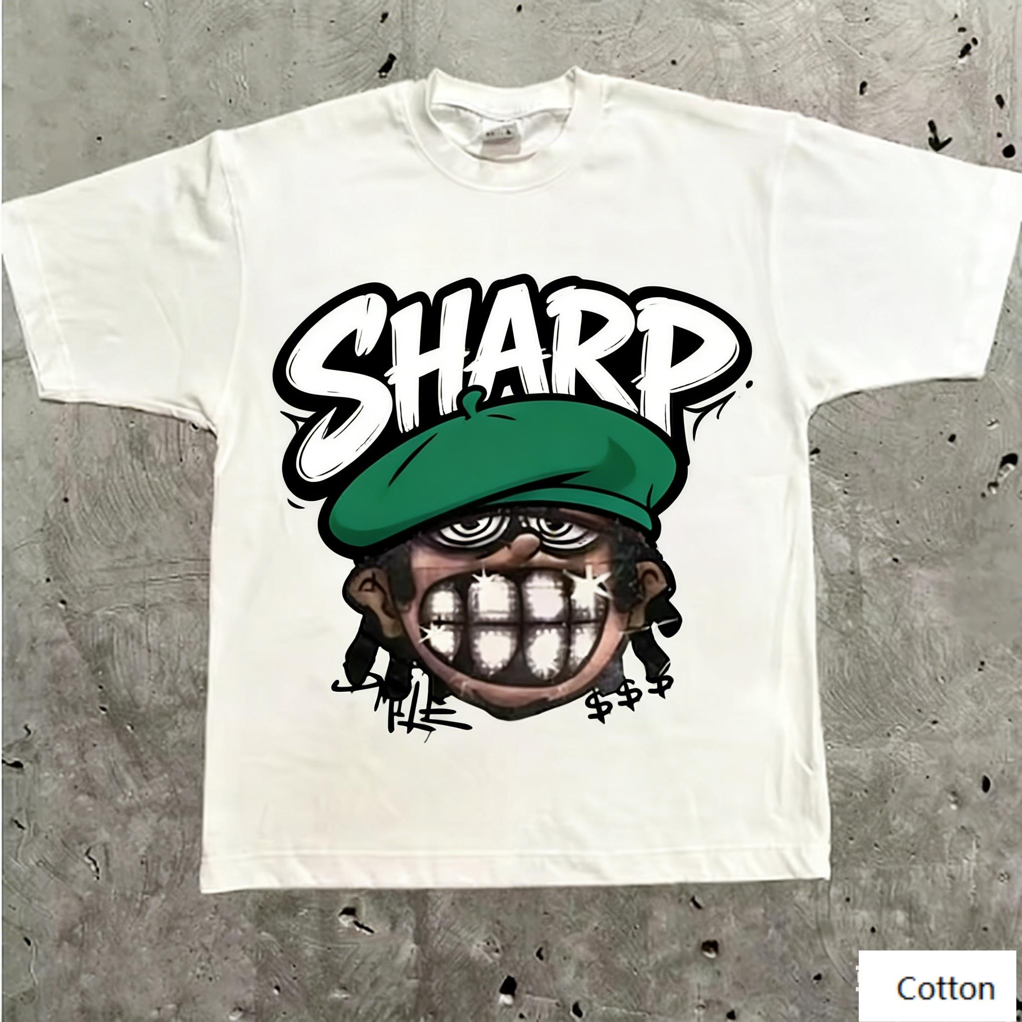 

Streetwear Unisex Cotton TShirt Featuring Edgy Cartoon HipHop Design and SHARP Graffiti Text HipHop Style Top 4XL