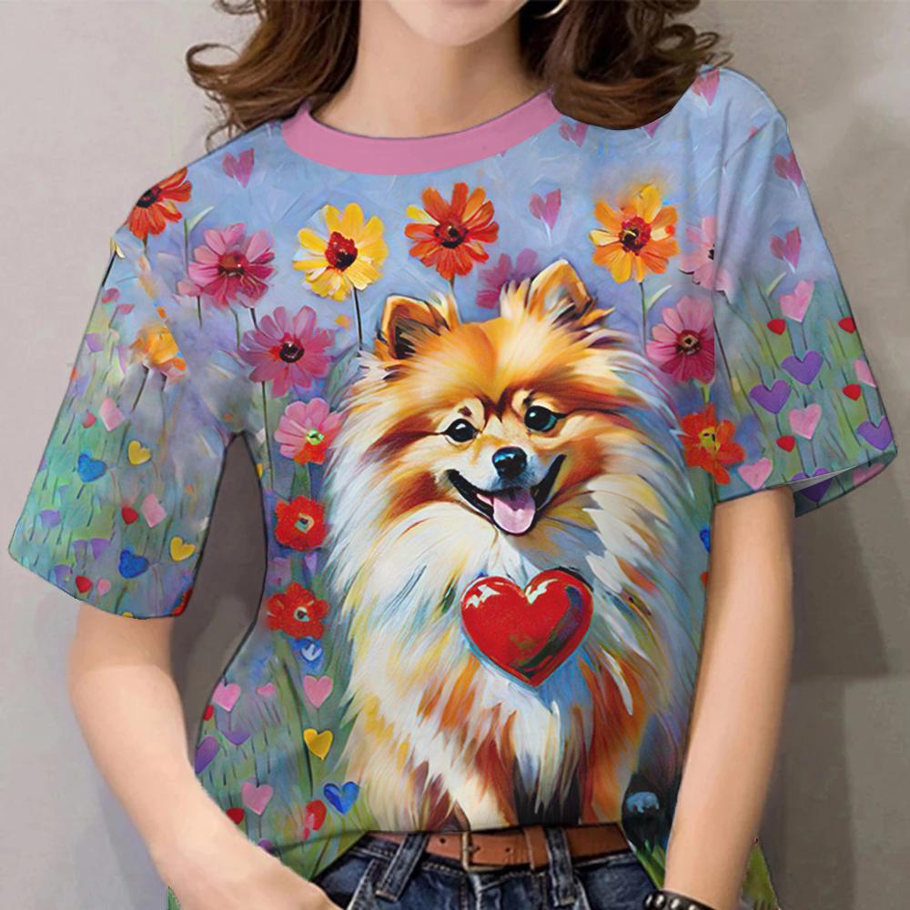 Women's T-Sleeve Contrast Color Puppy Pattern Printing Fashion Casual Y2k Women's Clothing High-Quality Short-Sleeved