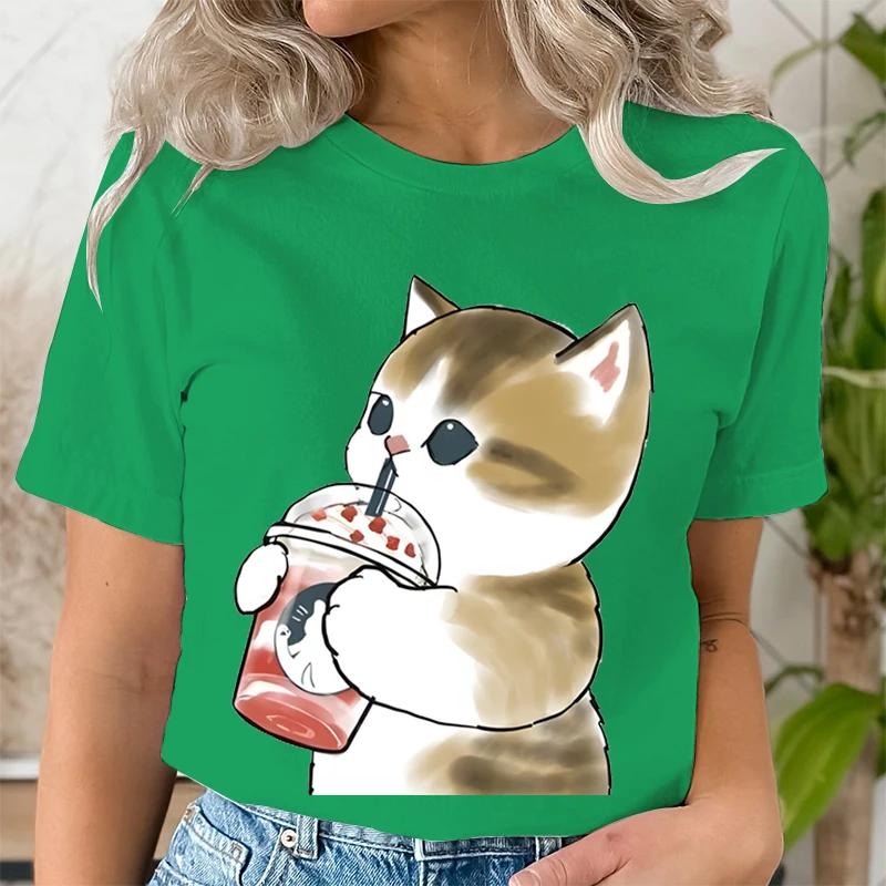 Women Boba Tea Cat Print Casual Clothes Tee Tshirt Fashion Female Tops Mujer Camisetas Ladies Anime Cartoon Graphic TShirt Tops