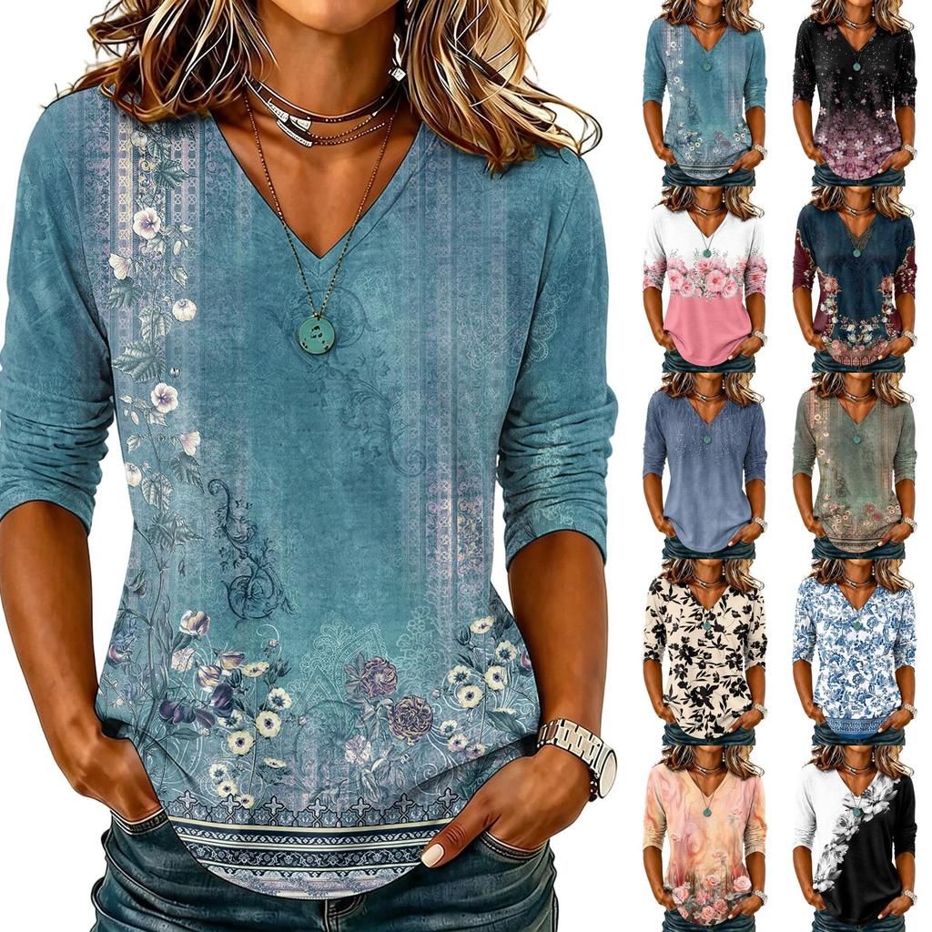 Damen Langarm V-Ausschnitt Blumenprint Lässiges T-Shirt Leichtes Weiches Gewebe Bequeme Passform Tägliches Tragen