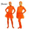 Halloween Party Jumpsuits Orange Full Bodysuit, with Tulle Skirt, Fake Belly, Yellow Mustache & Eyebrows, Cosplay Outfit Open Face Zentai Suit,