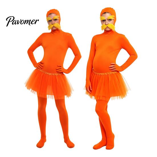 Halloween Party Jumpsuits Orange Full Bodysuit, with Tulle Skirt, Fake Belly, Yellow Mustache & Eyebrows, Cosplay Outfit Open Face Zentai Suit,