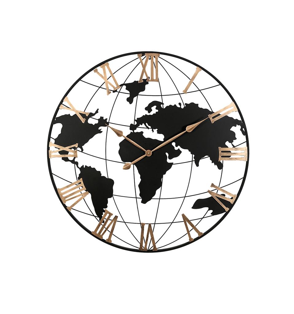 36 Inch Extra Giant Large Black Metal Wall Clock, Modern Silent World Map Wall Clock with Vintage Gold Roman Numeral, Decorative