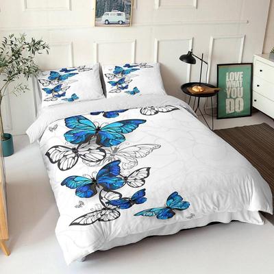 Bettbezug-Set mit Schmetterlingen, Queen-Size-Bett, blau-weiße Schmetterlinge, bedruckter Bettbezug für Mädchen, Kinder und Teenager, Mikrofaser-Bettbezug