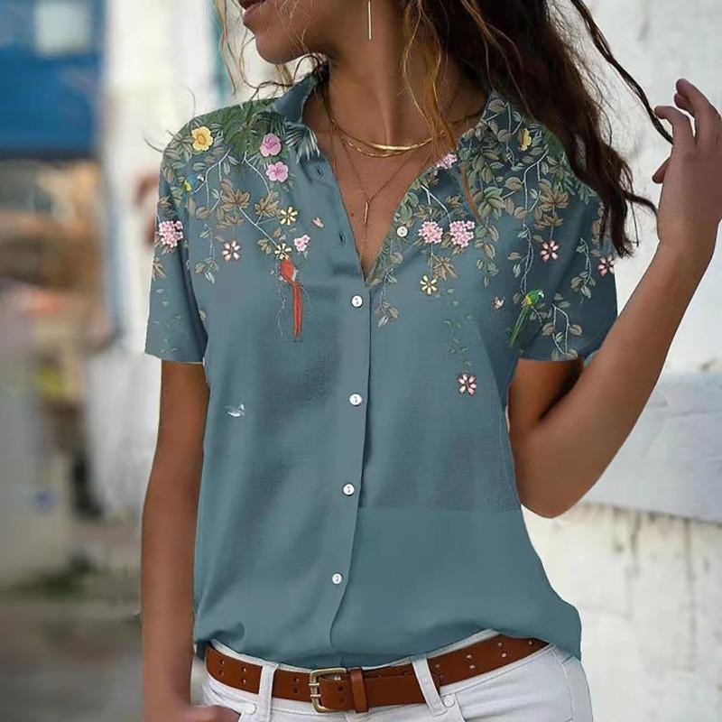 Women's Fashionable Printed Top, Casual Short Sleeved Loose Button Shirt