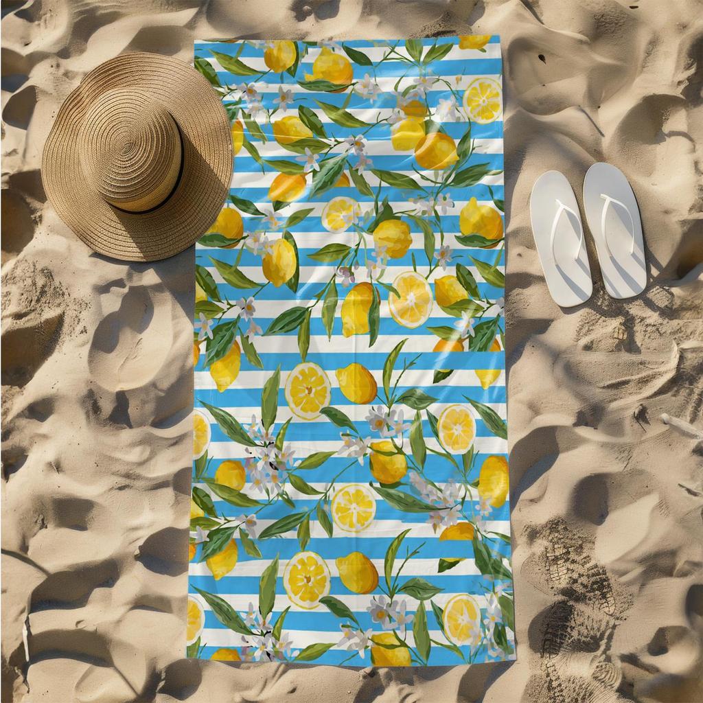 1pc Fresh Lemon Pattern with Blue Stripes and Blossoms 2D Printed Microfiber Beach Towel, quick dry super absorbent. Great for