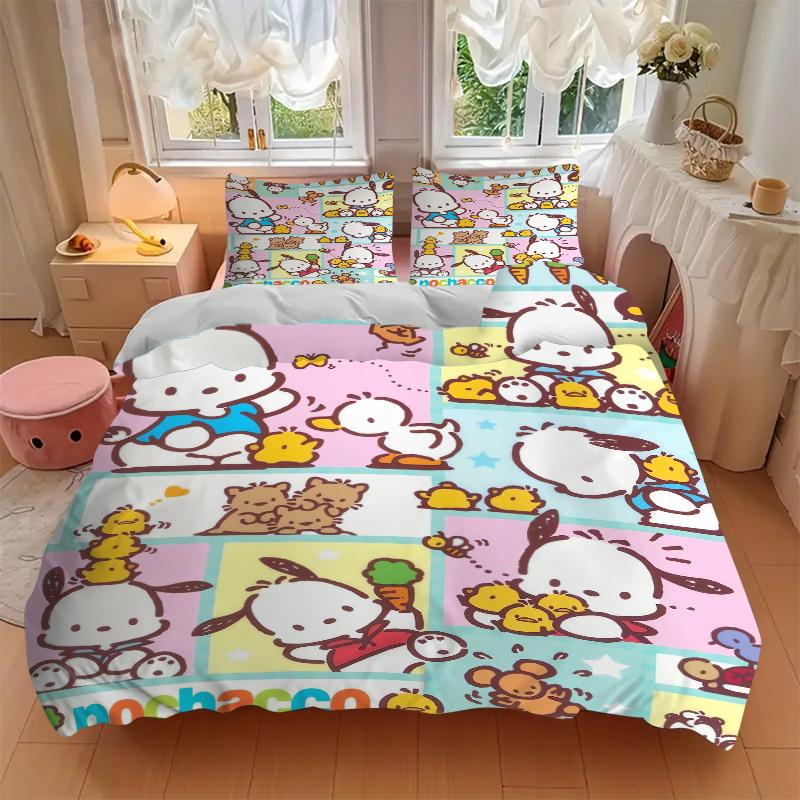 3pcs Carrot Small Animal Pochacco Bedding Set - 1 Soft Quilt Cover + 2 Pillowcases, Machine Washable - Suitable for All Seasons, Perfect Gif