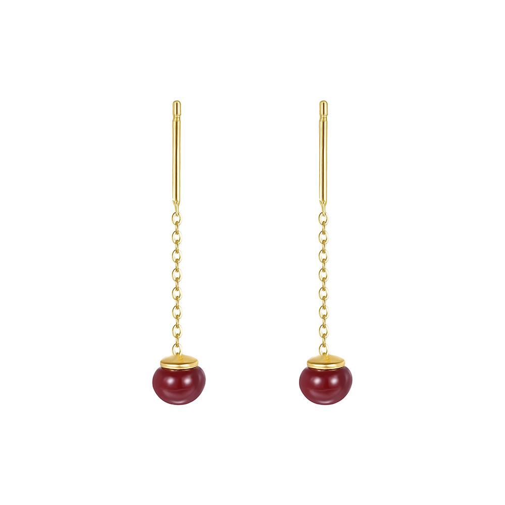 Red Retro Round Bead Tassel Earrings with Female Niche Design, High-end and Elegant Ear Line Earrings