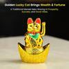 Decorative Showpiece –Feng Shui Cat Sitting On Money Ingots |Golden Waving Hand Cat |Symbol of Good Luck, Wealth, Health & Happiness
