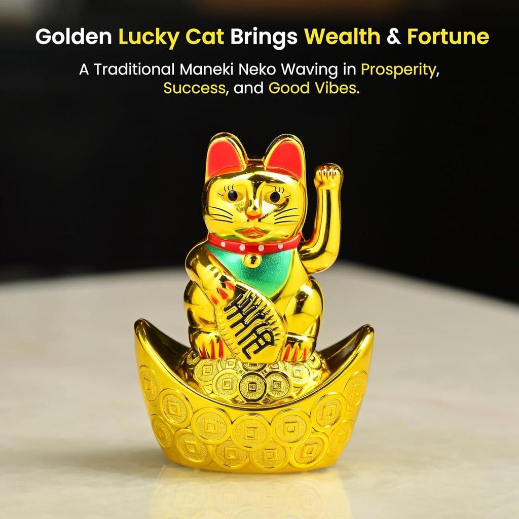 Decorative Showpiece –Feng Shui Cat Sitting On Money Ingots |Golden Waving Hand Cat |Symbol of Good Luck, Wealth, Health & Happiness