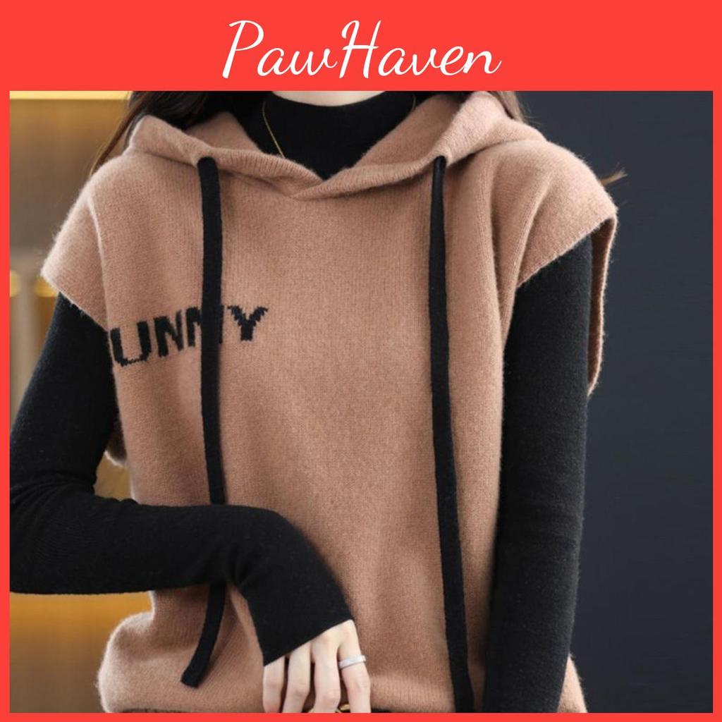 Vest Womens Hooded Autumn Sleeveless And Winter Loose Fitting Hooded Vest Knitted Base Shirt