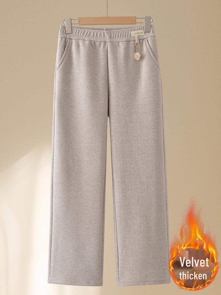 Mom’s Fleece-Lined Wool Pants - Warm, Thickened Flannel for Elderly, Straight-Leg Style, Perfect for Autumn & Winter