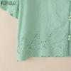 ZANZEA Women Casual Stand Collar Summer Short Sleeve Crochet Blouse