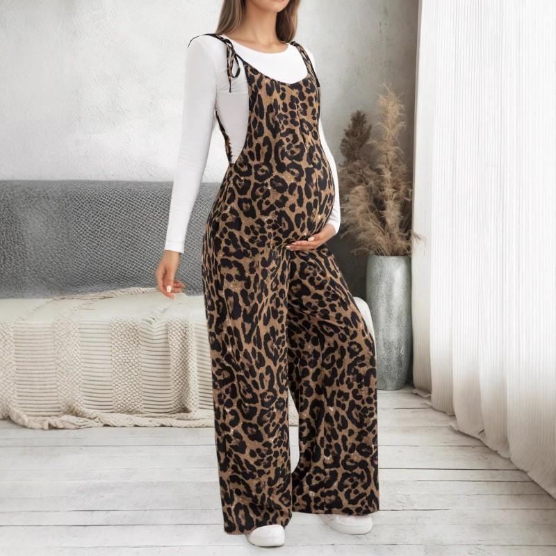 Maternity Leopard Print Adjustable Strap Wide Leg Jumpsuit Casual Comfortable Pregnancy Outfit