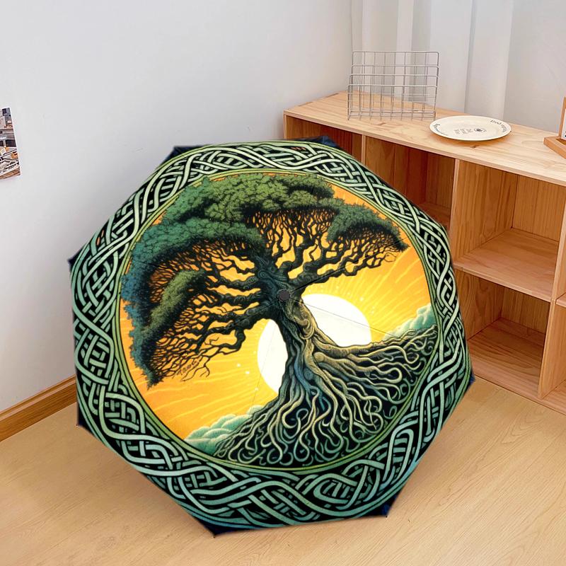 1PC Celtic Tree of Life Umbrella Portable Folding Umbrella Iron Frame Hole Bone Structure Outdoor Home Umbrella A15