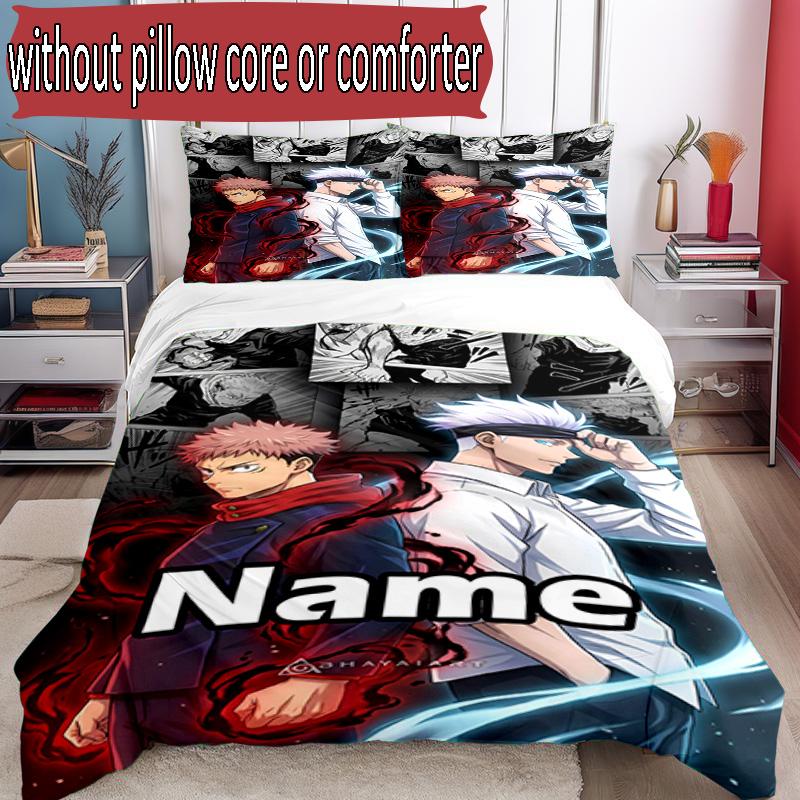 3pcs Duvet Cover Set (1*Duvet Cover + 2*Pillowcase, Without Core), Custom Name J-Jujutsu K-Kaisens Pattern Bedding Set, Home Bedroom Decor Gift