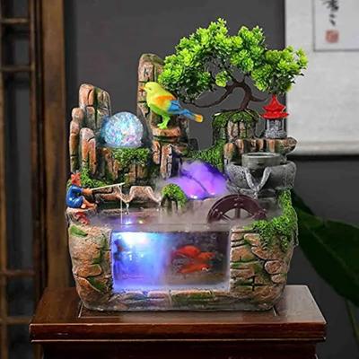 Desktop Fountain Waterfall with Rockery Indoor Relaxation Desktop Resin Στολίδι με Light Bird & Fisherman for Home