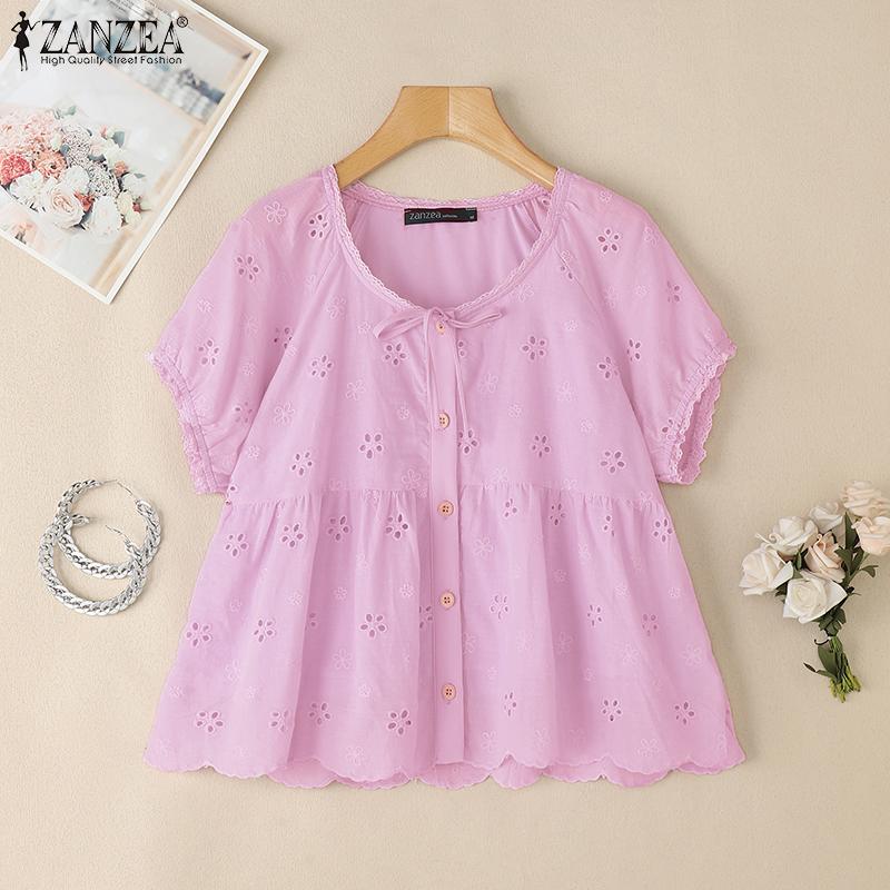 ZANZEA Damen Casual Rundhals Lose Stickerei Häkeln Kurzarm Bluse