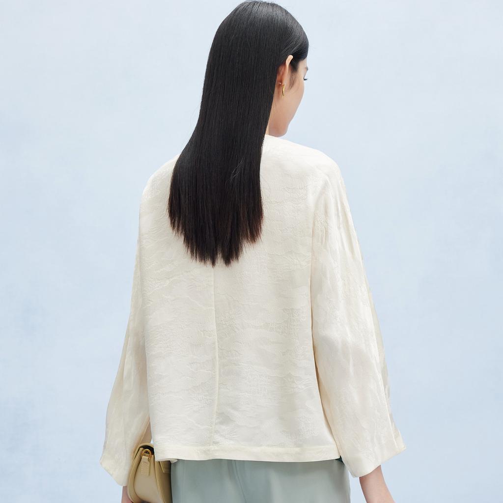 [National Style Pendant] Summer Round Neck Landscape Dark Pattern Coat Silk Crown Crepe Long Sleeve Shirt for Women