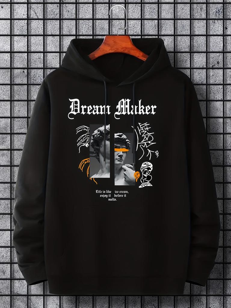 Men Front Print Hoodie, Dream Maker Gothic Letter David Statue Collage Graphic Hooded Sweatshirt, Retro Art Streetwear Casual Loose Pullover Hoodie