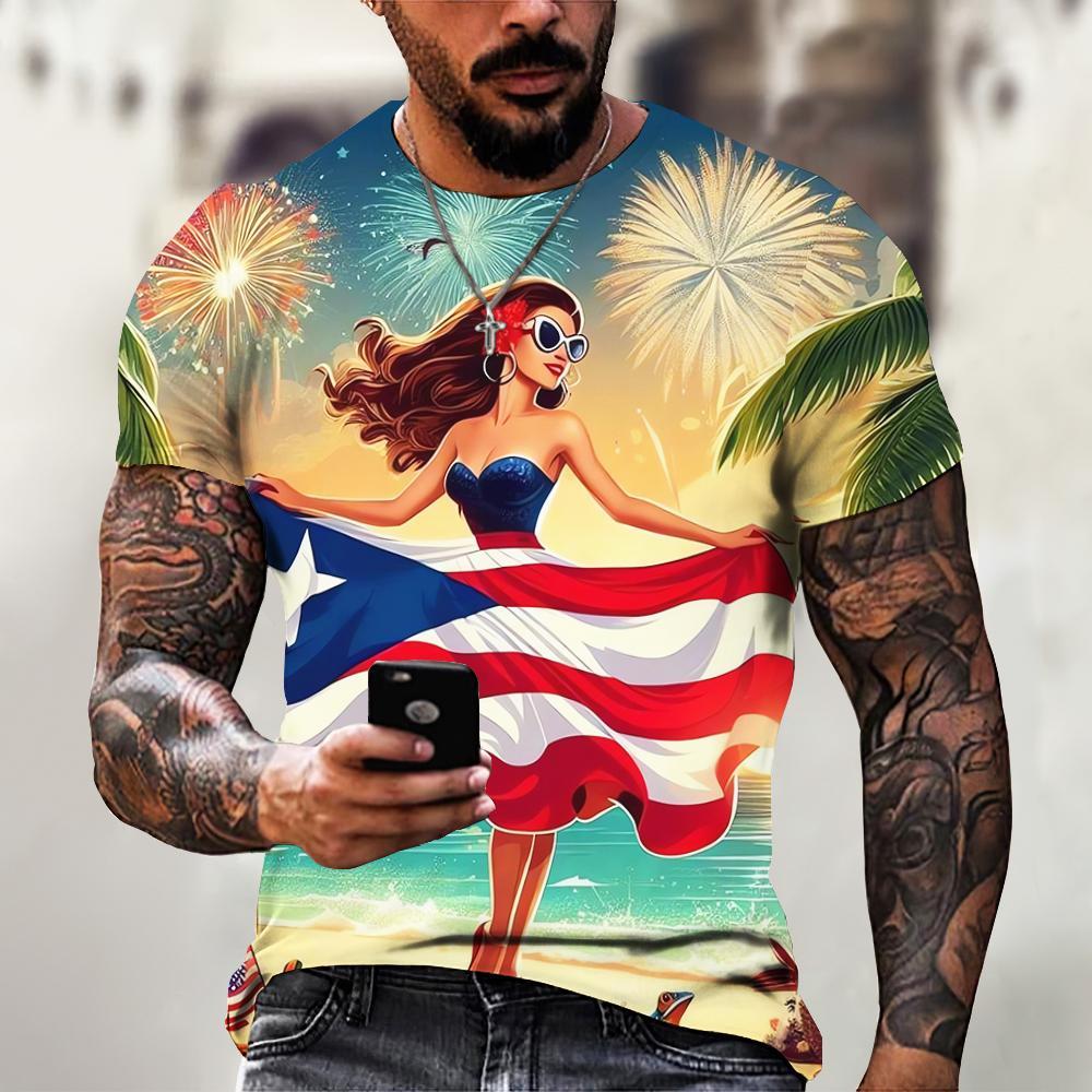 

Мужская футболка, летняя модная футболка с коротким рукавом, футболка с принтом флага Пуэрто-Рико, свободная одежда, пуловер с круглым вырезом 6XL