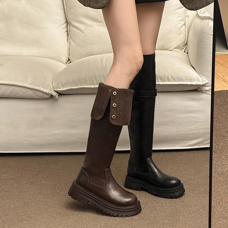 New Product Fuji Orange, Thick-soled Two-worn Knee Boots for Women's 2025 Autumn and Winter New Models To Increase Height and Look Thin, Folded Bo