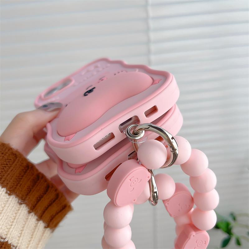 Cartoon Pig 3D rozměrné pouzdro na telefon pro iphone 14 Plus 13 12 Pro 11 Max 14pro13pro růžové Měkký silikonový kryt s korálky Lanyard