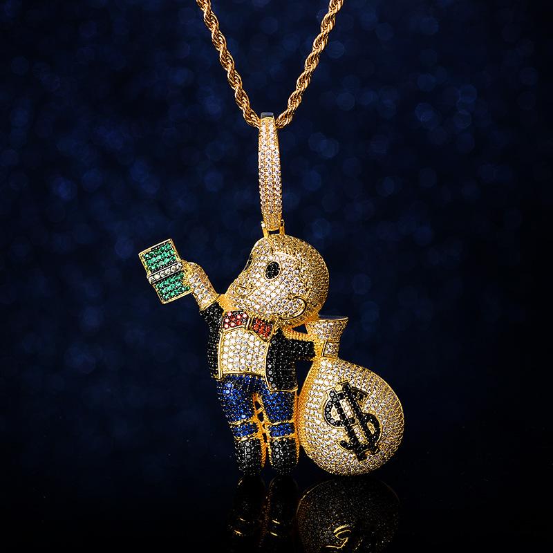 European and American Hip Hop Pendant Hand Held US Dollar Bill Bald Little Boy Beautiful Money Bag Micro Inlaid Colorful Zircon Necklace