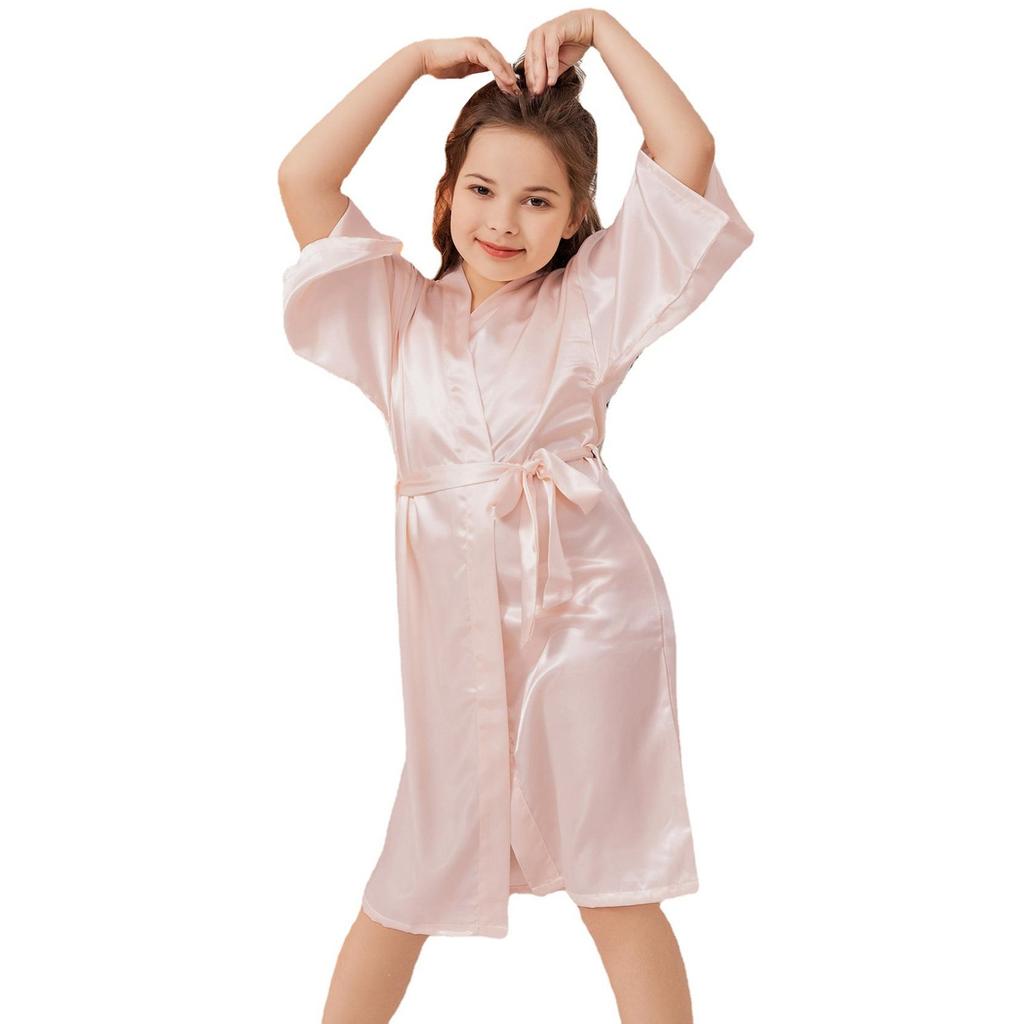 Middle and Older Children's V-neck Plain Glossy Cardigan Robe Children's Nightgown Summer Casual Thin Home Clothes