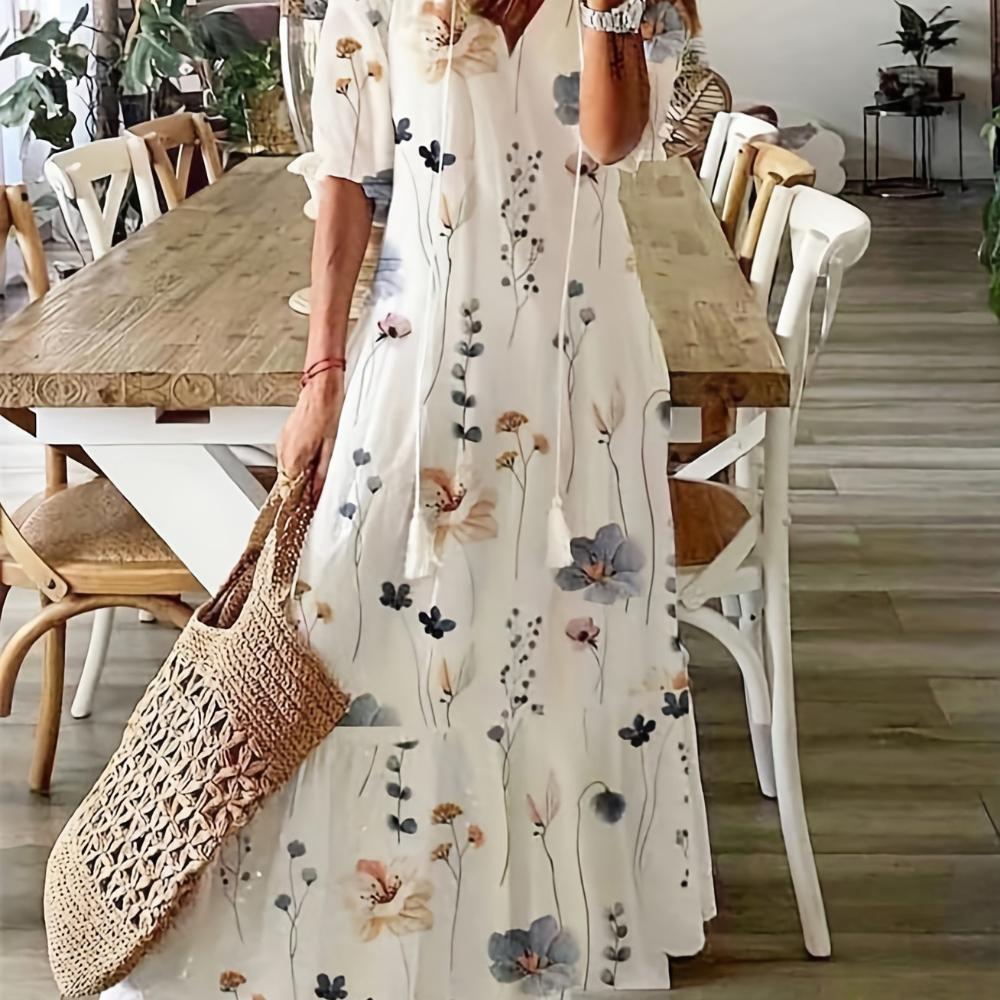 Summer Women V-neck Short Sleeved Long Dress Elegant Flower Printed Women's Loose Dress Bohemian Style Women's Clothing
