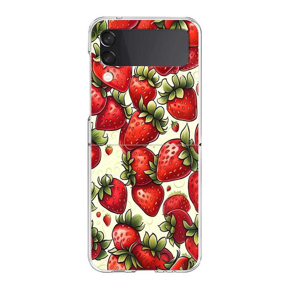 Transparent Phone Case For Samsung Galaxy Z Flip 3 4 5 6 7 Hard Folding PC Z Flip3 Flip4 Cover Summer Strawberry Flowers Print