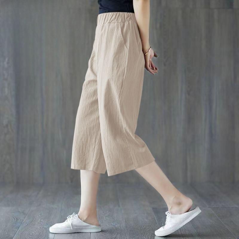 women's High Waist Cotton Linen Wide Leg Cropped Pants Summer Loose Casual Sevena??Point Trousers Plus Size Mom Pants