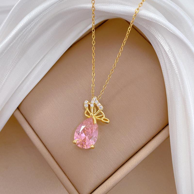 Classic Pink Water Drop Crystal Zircon Butterfly Pendant Necklaces for Women Stainless Steel Chain Vintage Collar Accessories