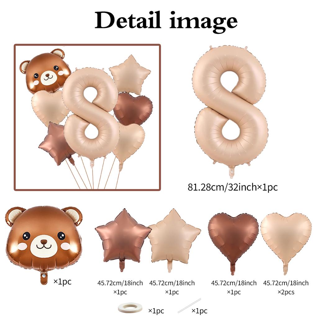 7pcs Cute Bear Balloon Set with 32 Inch Caramel Digital Aluminum Foil Balloon for Birthday Party Decoration Baby Shower Supplies