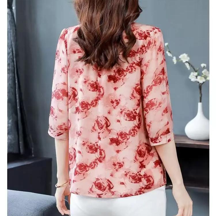 Modisches Chiffon-Hemd mit drei Viertelärmeln für Damen, Sommer, neue, locker sitzende Bluse mit Blumenmuster, M-4XL