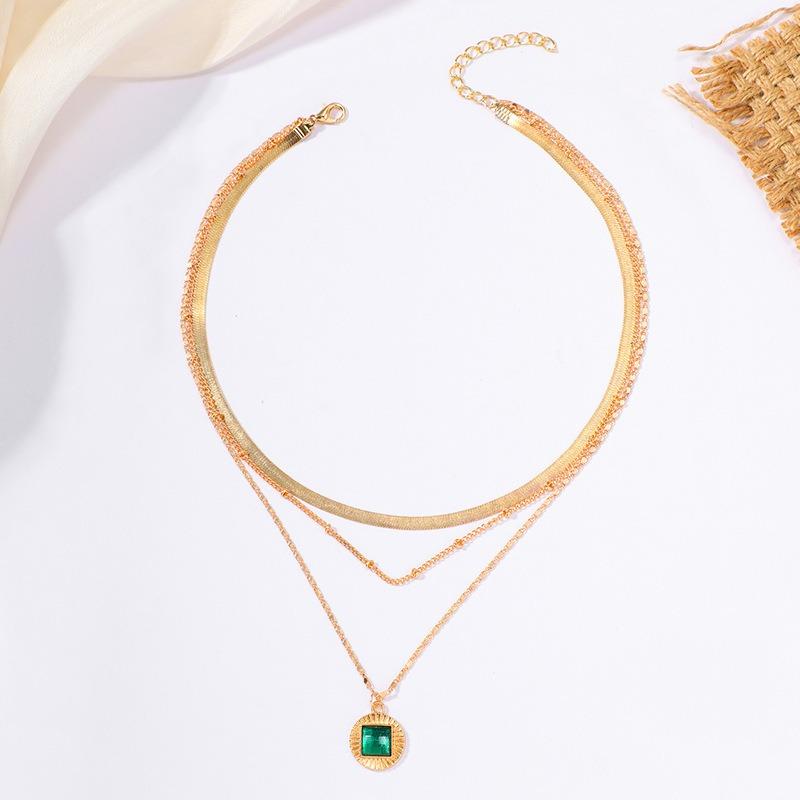 Exaggerated Jewelry K Gold-plated Emerald Multi-layer Necklace Niche Personalized Alloy Pendant Female